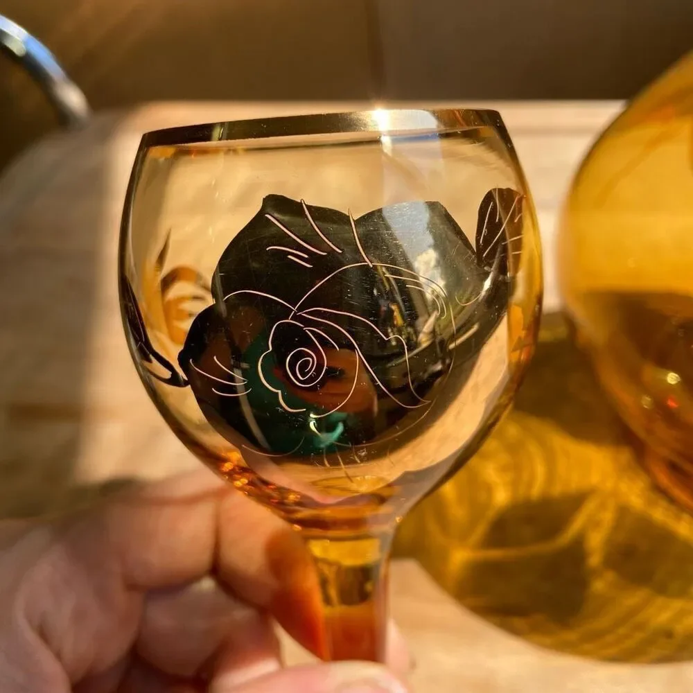 Vintage 50's Bohemian Amber Glass 22K Guilded Floral Rose Cruet Decanter & 5 Ste